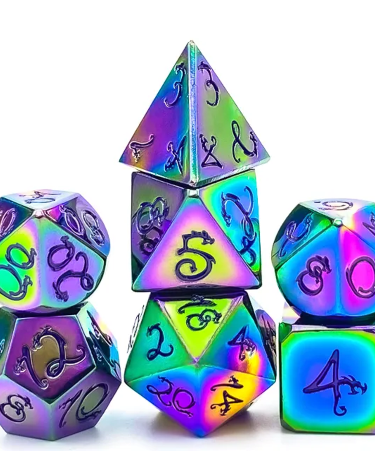 Gameopolis Dice - UDI Gameopolis: Dice - Polyhedral 7-Die Set - Rainbow Metal Dice w/ Purple Dragon Font