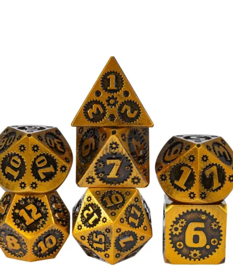 Gameopolis Dice - UDI Gameopolis Dice - Polyhedral 7 Set - Ancient Metal Dice - Mechanical Gear - Golden