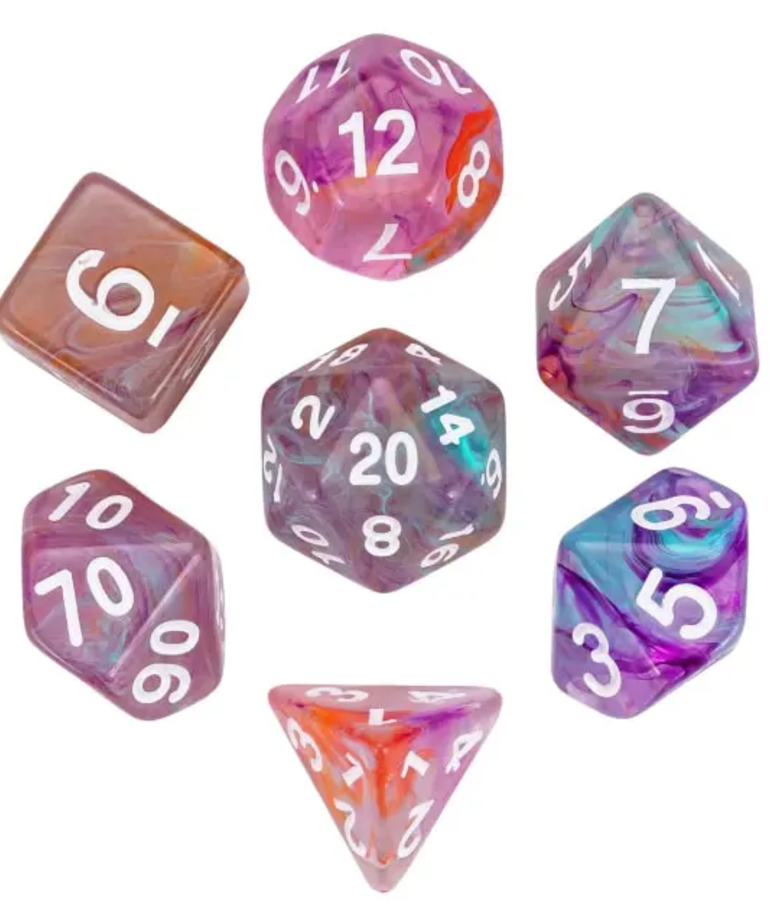 Gameopolis Dice - UDI Gameopolis: Dice - Polyhedral 7 Set - Acrylic Two-Color Swirl Translucent Dice - Purple Orange Green