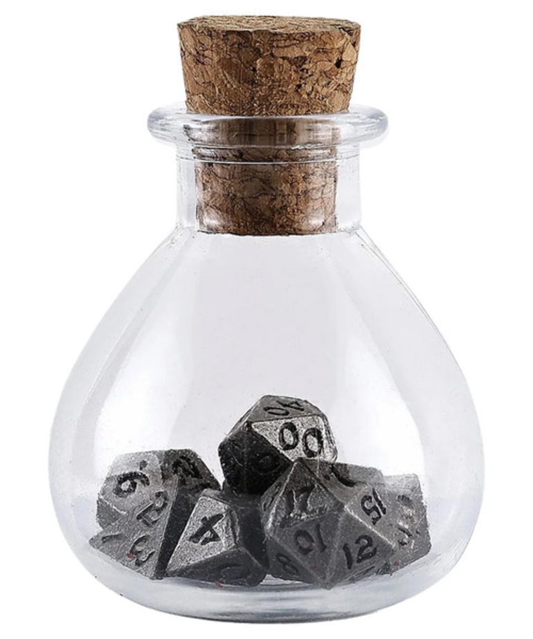 Hymgho Premium Gaming - HYO Hymgho Premium Gaming - Unseelie Polyhedral 7-Die Set - Potion Bottle - Mini Metal - Ancient Silver