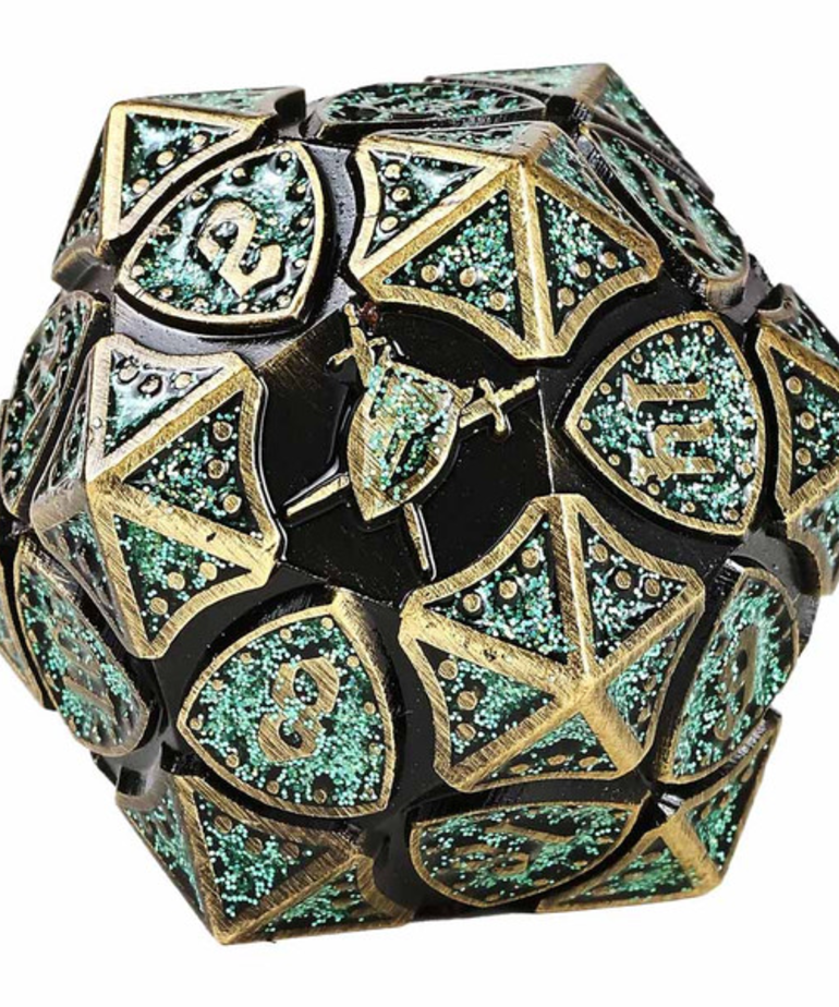 Hymgho Premium Gaming - HYO Hymgho Premium Gaming - Polyhedral 7-Die Set - Solid Metal - Fighter - Ancient Bronze w/ Green Glitter
