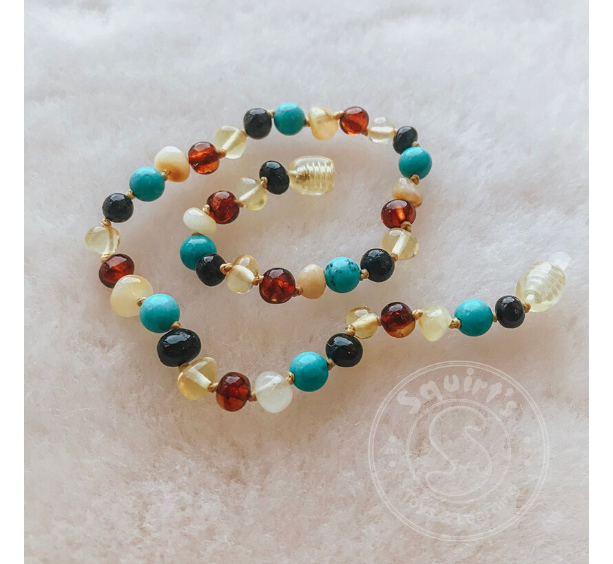 Healing Amber 11” Necklace Multi Amber & Turquoise Gemstone