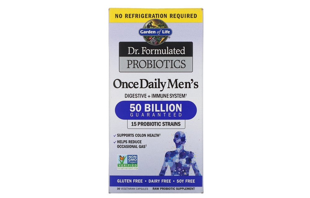 Dr. Formulated Once Daily Men's Probiotics 30 VegCapsShelf Stable - Potency Promise No Refrigeration Required Digestive + Immune System 50 Billion Guaranteed 15 Probiotic Strains Supports Colon Health Helps Reduce Occasional Gas Non GMO Project Verified G
