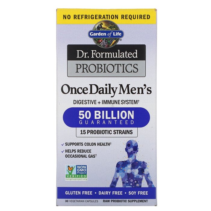 Garden of Life Dr. Formulated Once Daily Men's Probiotics 30 VegCapsShelf Stable - Potency Promise No Refrigeration Required Digestive + Immune System 50 Billion Guaranteed 15 Probiotic Strains Supports Colon Health Helps Reduce Occasional Gas Non GMO Project Verified G