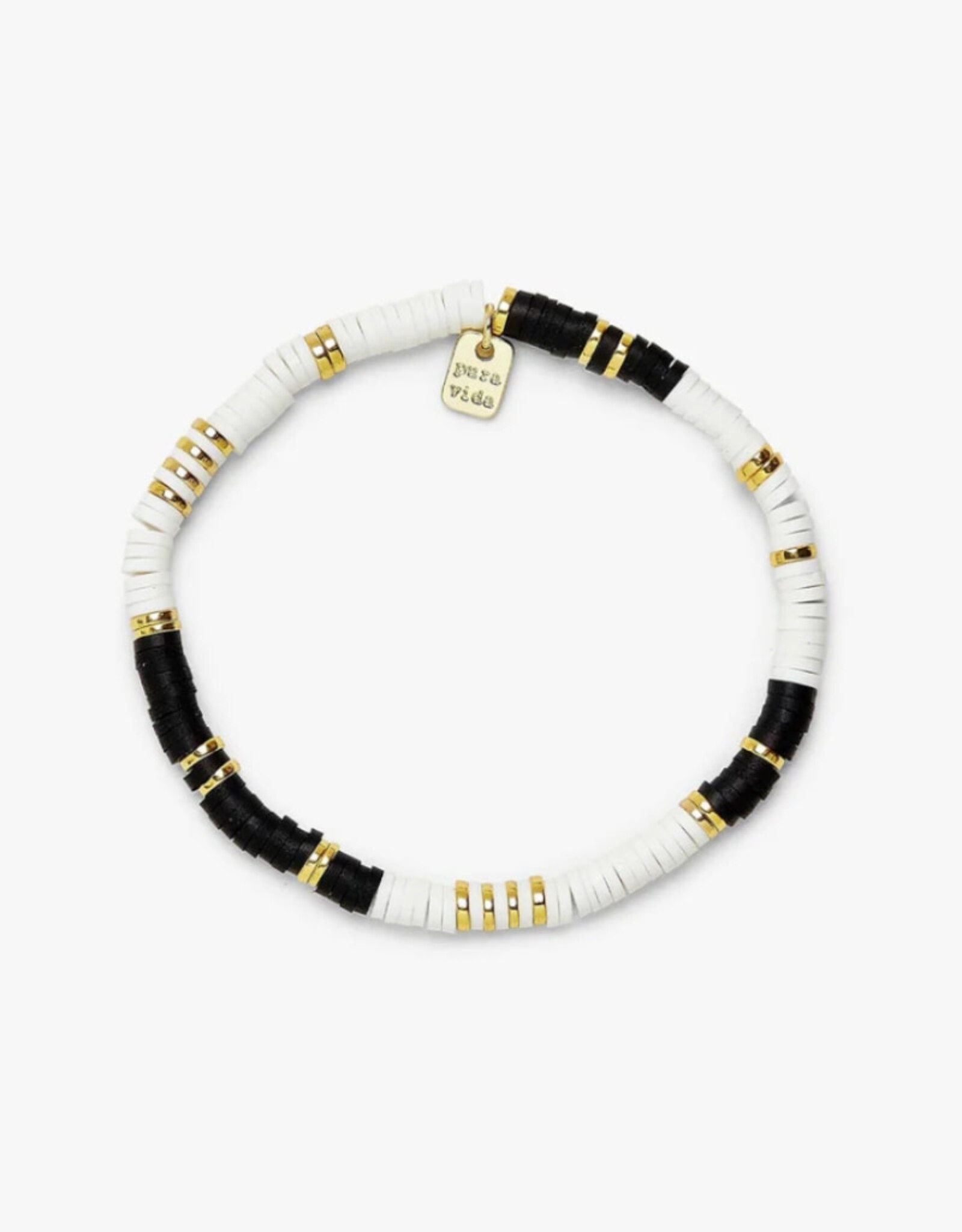 Pura Vida Pura Vida Black & White Vinyl Disc Stretch Bracelet Gold