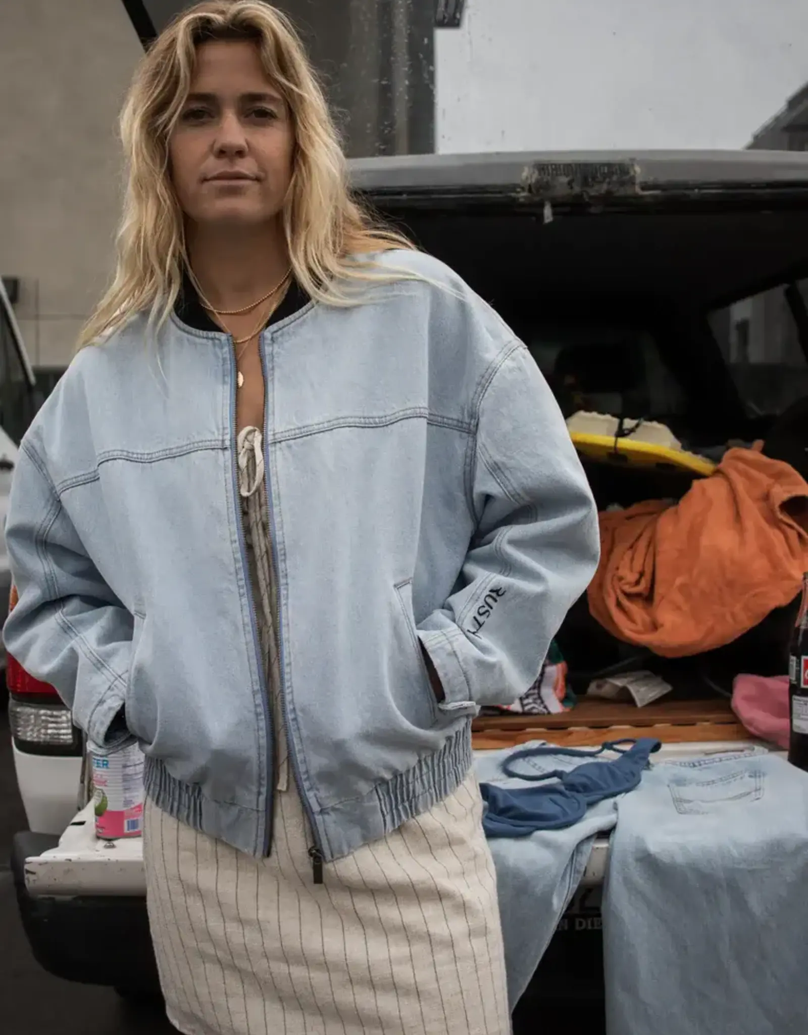 Rusty Rusty Mel Oversized Denim Bomber Jacket Sky Blue