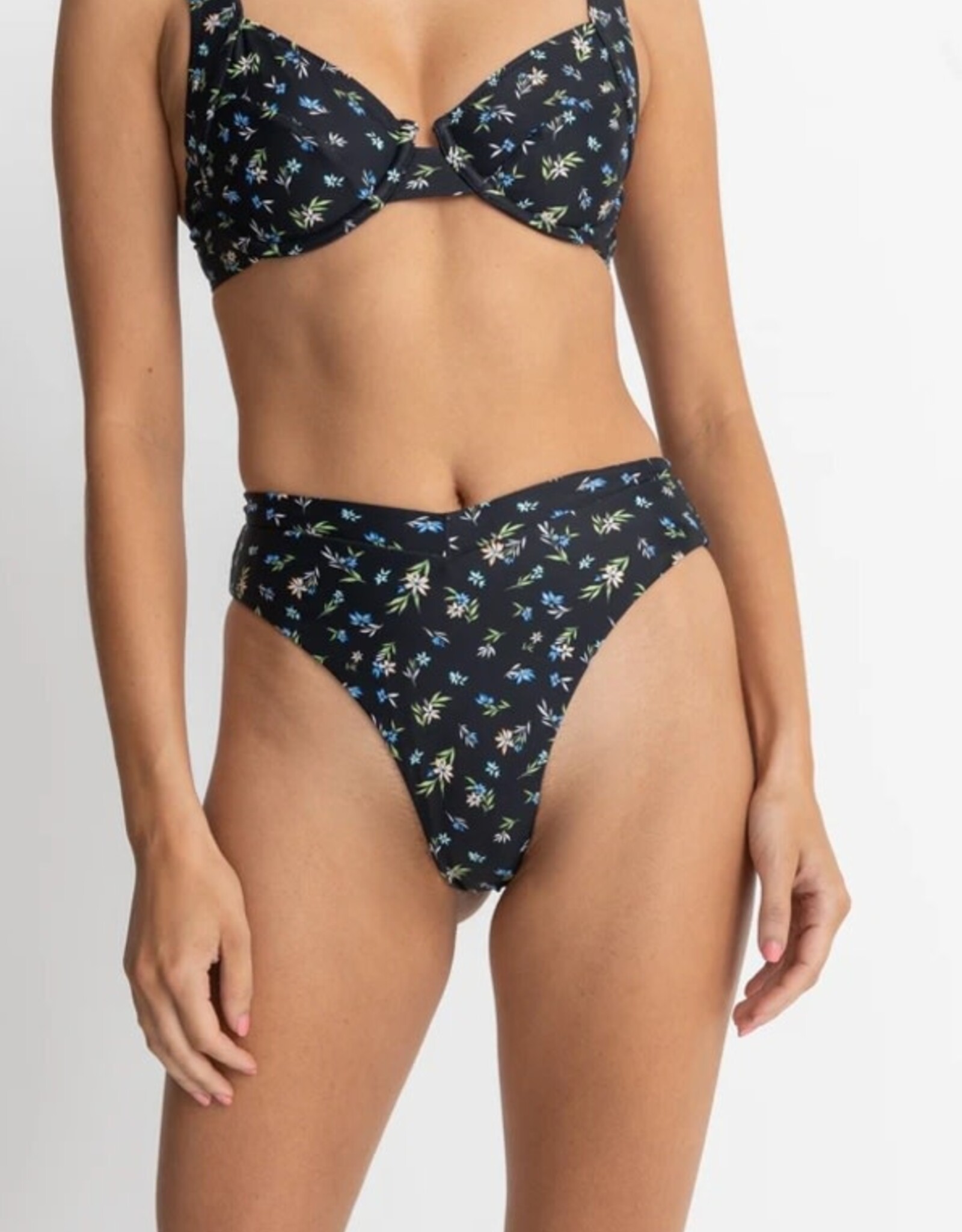Rhythm Rhythm Fleur Floral Deep V Hi Waist Bikini Pant Black
