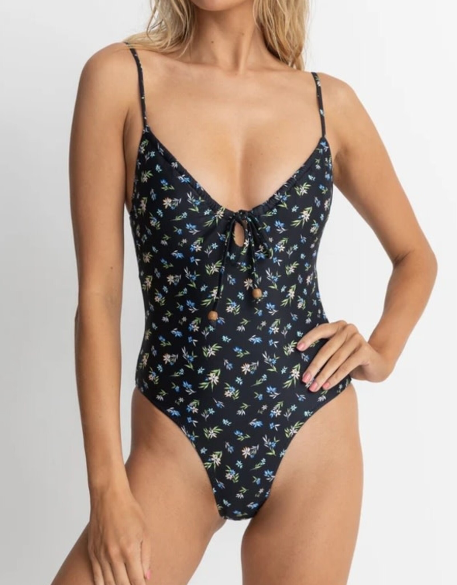 Rhythm Rhythm Fleur Floral Tie Front One Piece Swimsuit Black