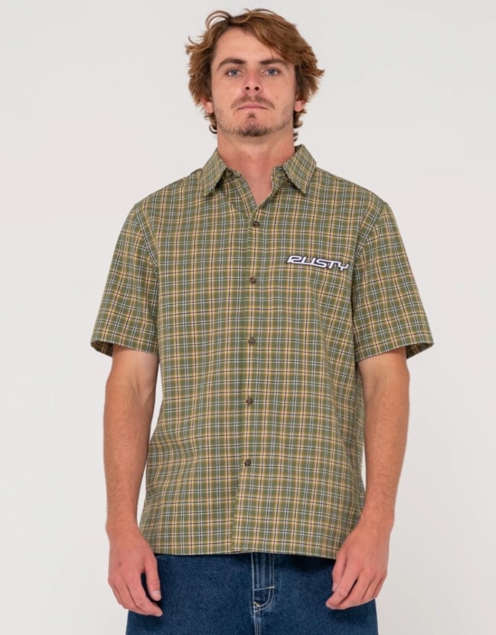 Rusty Rusty Datsun 2K Button Up Short Sleeve Shirt Army Green
