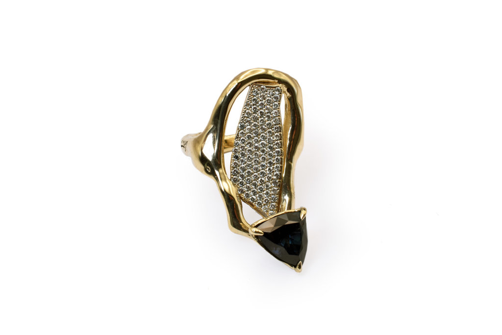 COTTER "Ice Ice Baby" 14ky Gold Pollock Ring with Dark Blue Spinel and Pavé Diamonds