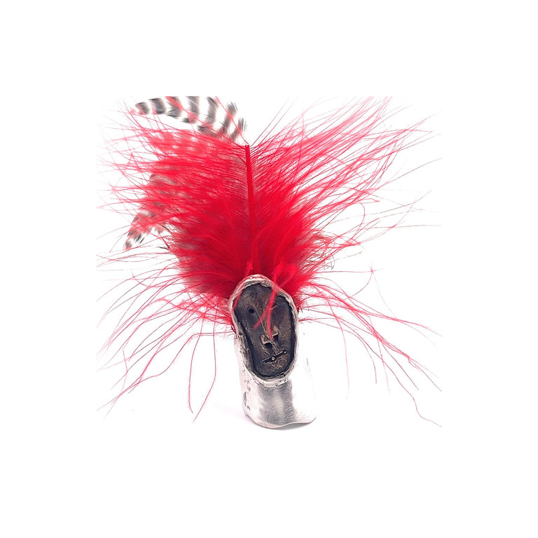 COTTER "Red / Black & White" Silver & Bronze Mask Ring with Feathers