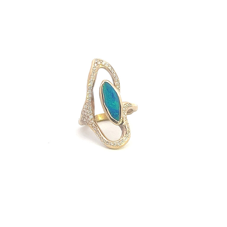 COTTER "Panacea" 14ky Gold Pollock Ring with Opal and Pavé Diamonds