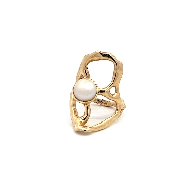 COTTER "Perlie" 14ky Gold Pollock Ring with Button Pearl