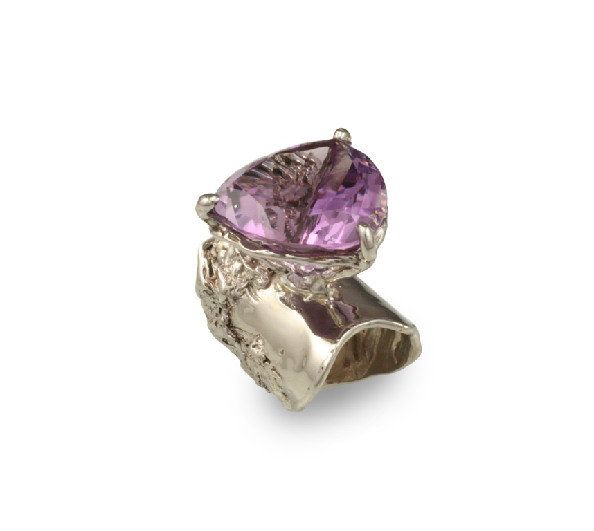 J. Cotter Gallery "Charlies Magical Amulet Ring" 14kw Gold Textured Wide Band with Amethyst
