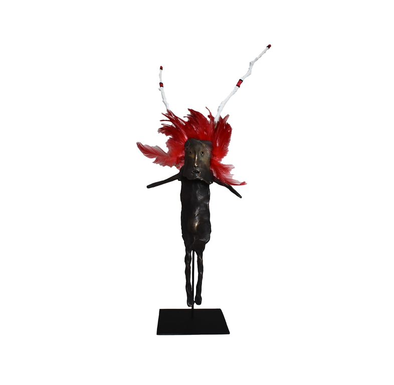 COTTER Bronze Doll with White Horns and Red Feathers