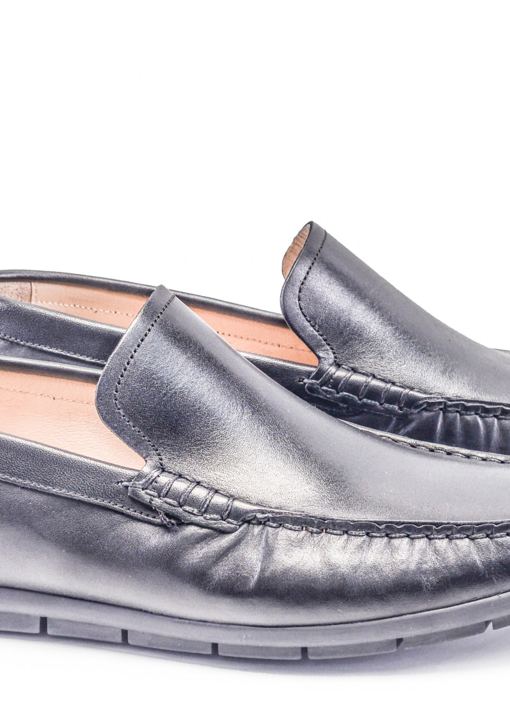 Leather Venetian Loafer, Antique Black, and MOC Stitching. Black Sole