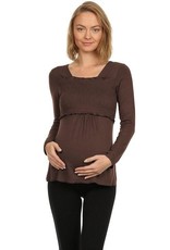 Smocked Baby Doll Long Sleeve Maternity Nursing Top - Brown