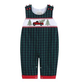 Lil Cactus Blue & Green Gingham Christmas Truck Smocked Overalls