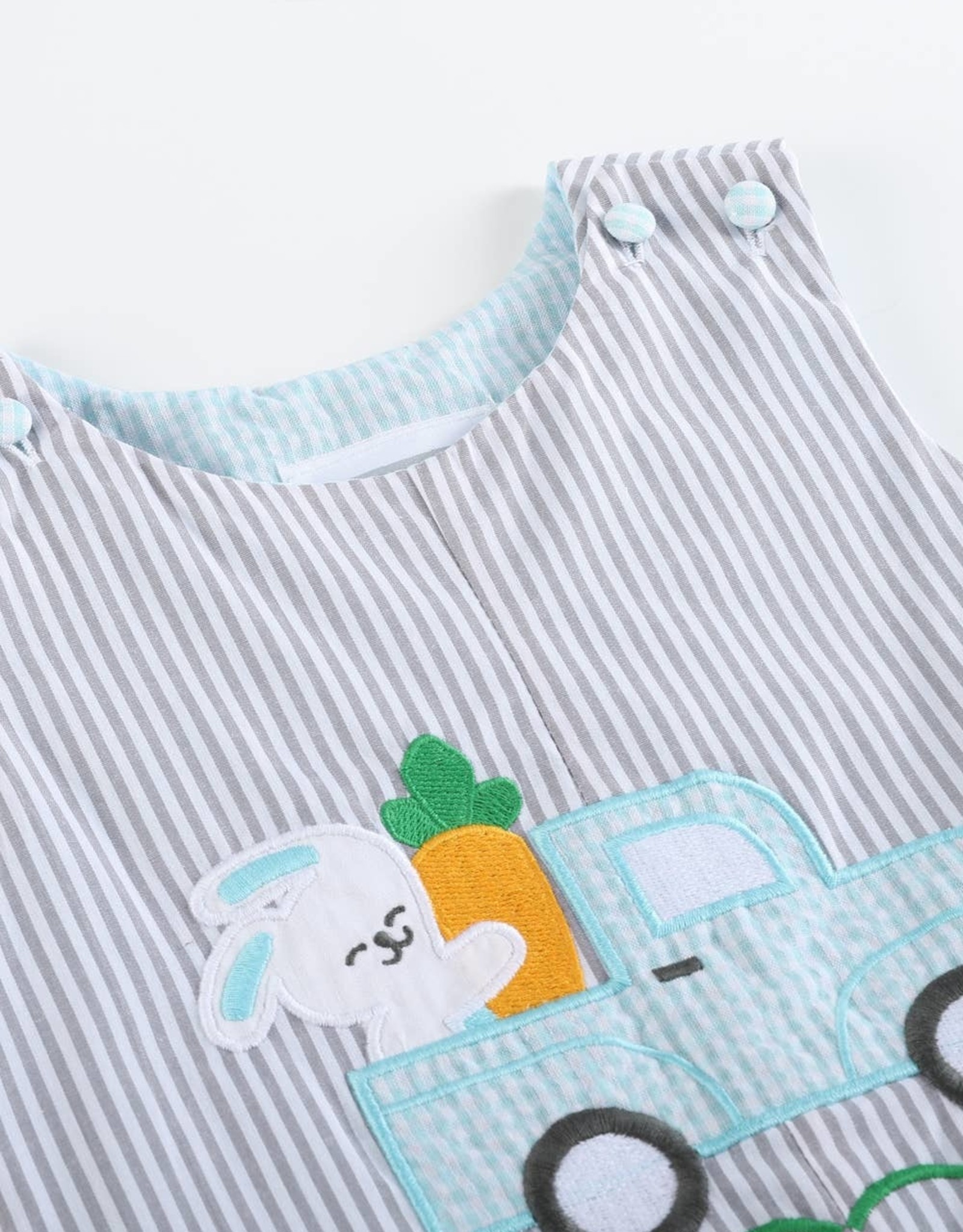 Gray Striped Easter Bunny Truck Applique Overalls