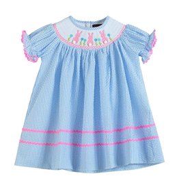 Lt Blue Seersucker Bunny Smocked Bishop Dress