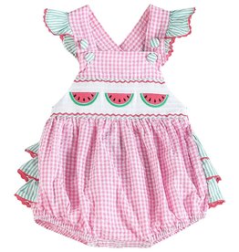 Lil Cactus Pink and Green Watermelon Smocked Bubble Ruffle Romper