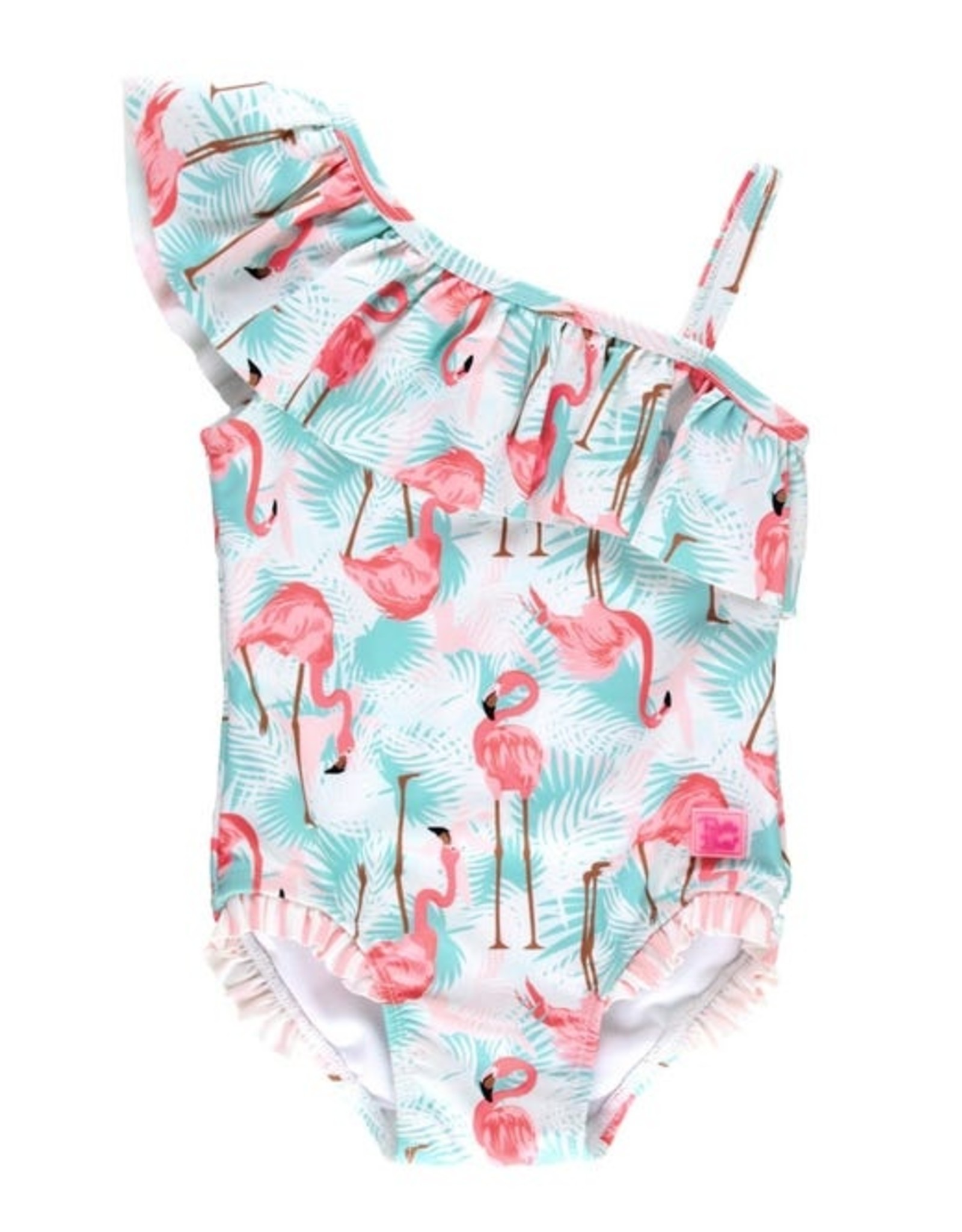 RuffleButts Vibrant Flamingo One Shoulder Ruffle Swimsuit