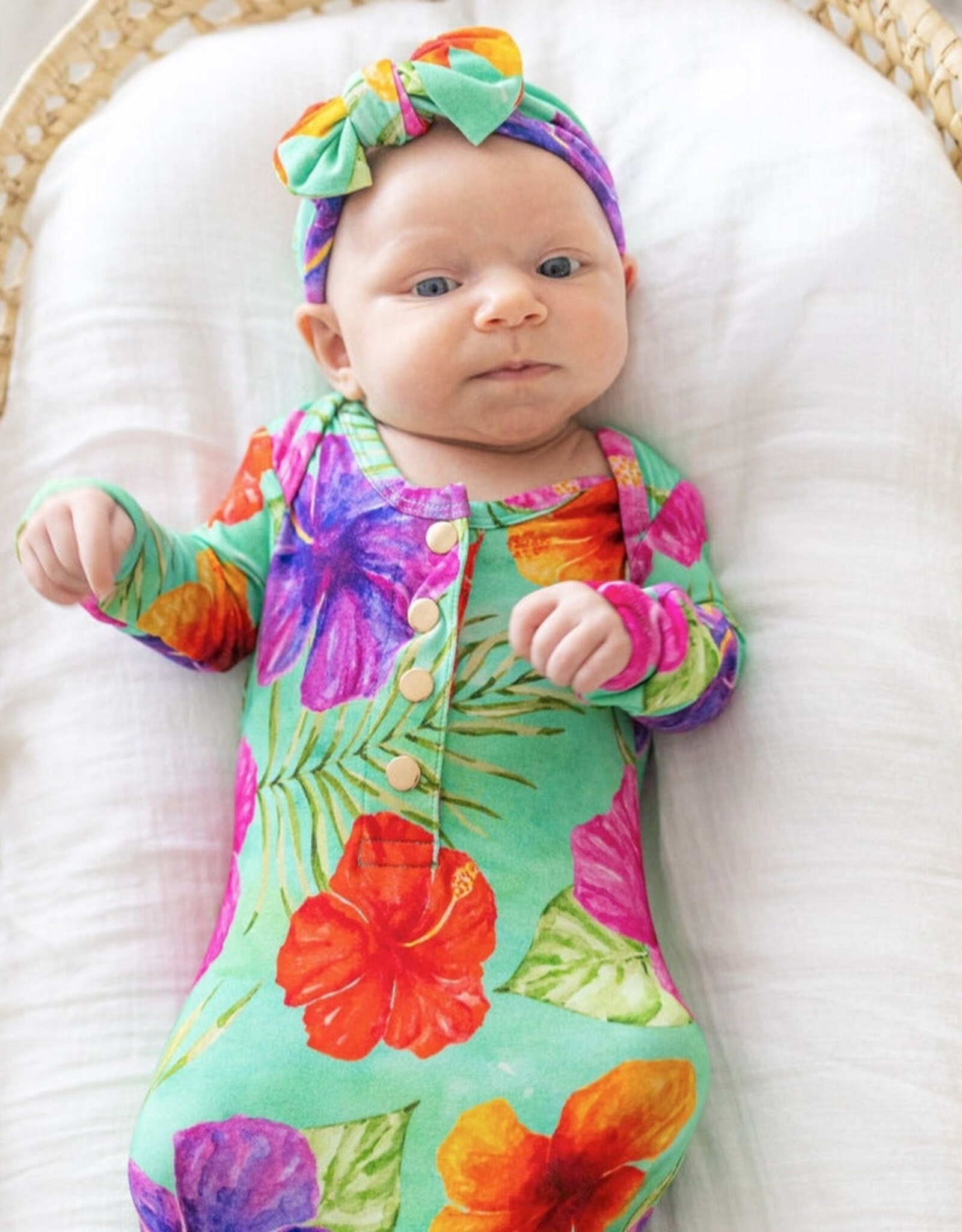Florida Kid Co. Hibiscus Bright Knotted Gown & Headband Bow Set
