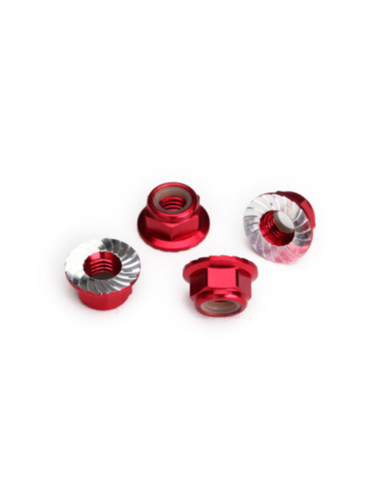 Traxxas TRA8447R Nuts, 5mm flanged nylon locking (aluminum, red-anodized, serrated) (4)