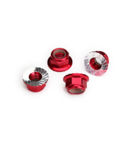 Traxxas TRA8447R Nuts, 5mm flanged nylon locking (aluminum, red-anodized, serrated) (4)