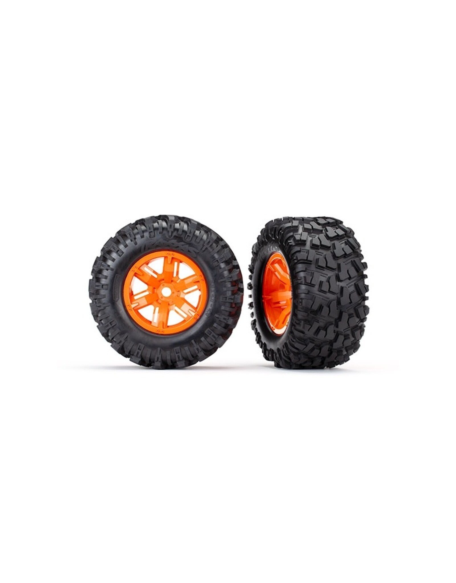 Traxxas TRA7772T Tires & wheels, assembled, glued (X-Maxx orange wheels, Maxx AT tires, foam inserts) (left & right) (2)