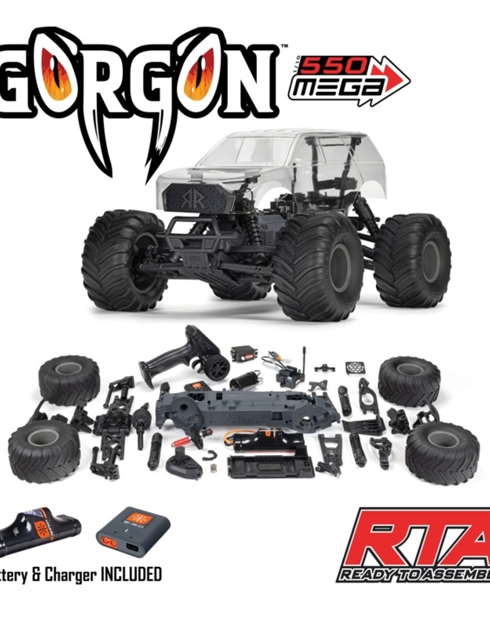 Arrma ARA3230SKT2 1/10 GORGON 2WD RTA Kit Brushed Monster Truck Clear