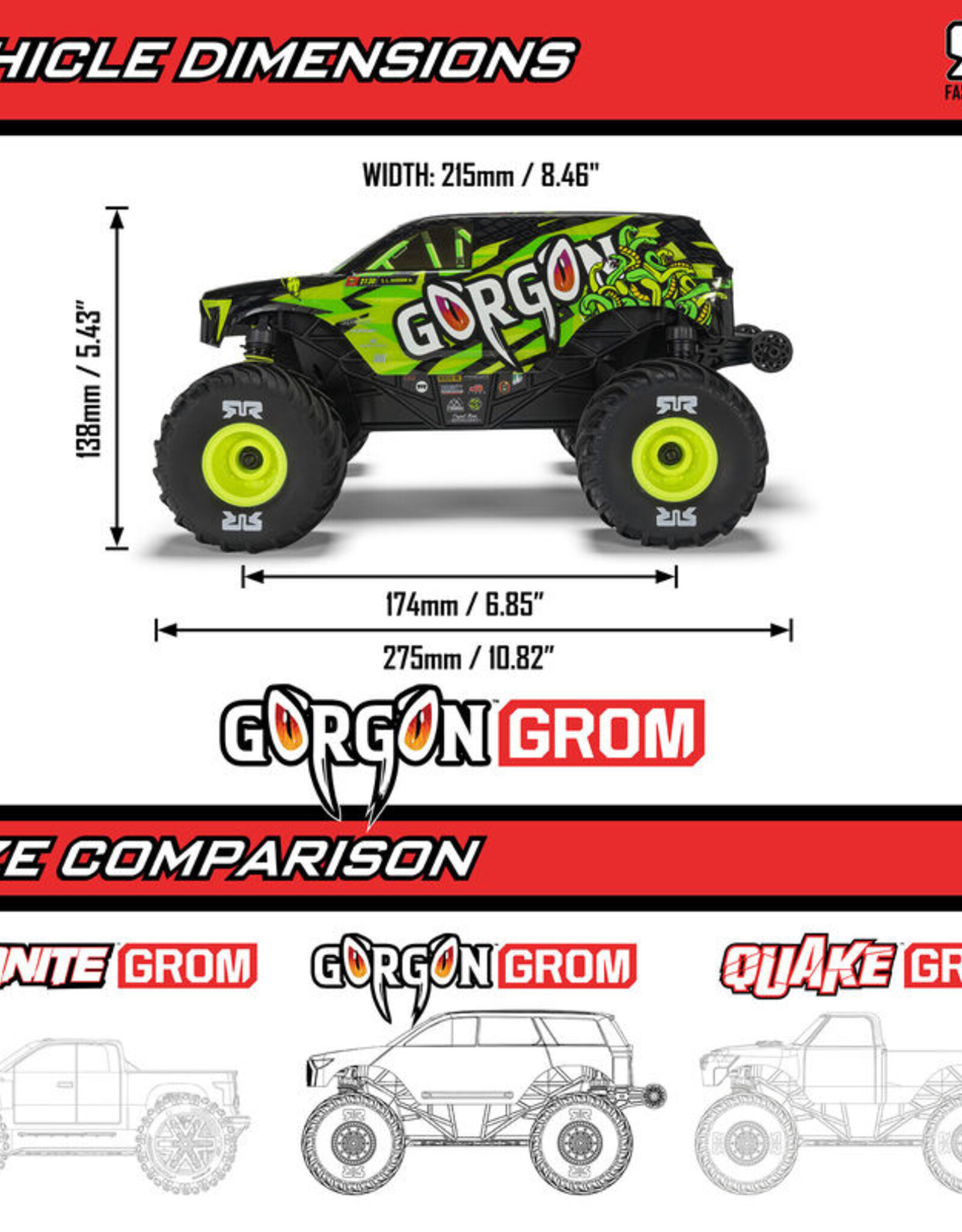 Arrma  ARA2130T2 1/16 GORGON GROM 4X4 RTR Brushed Monster Truck (Battery & Charger Included), Red