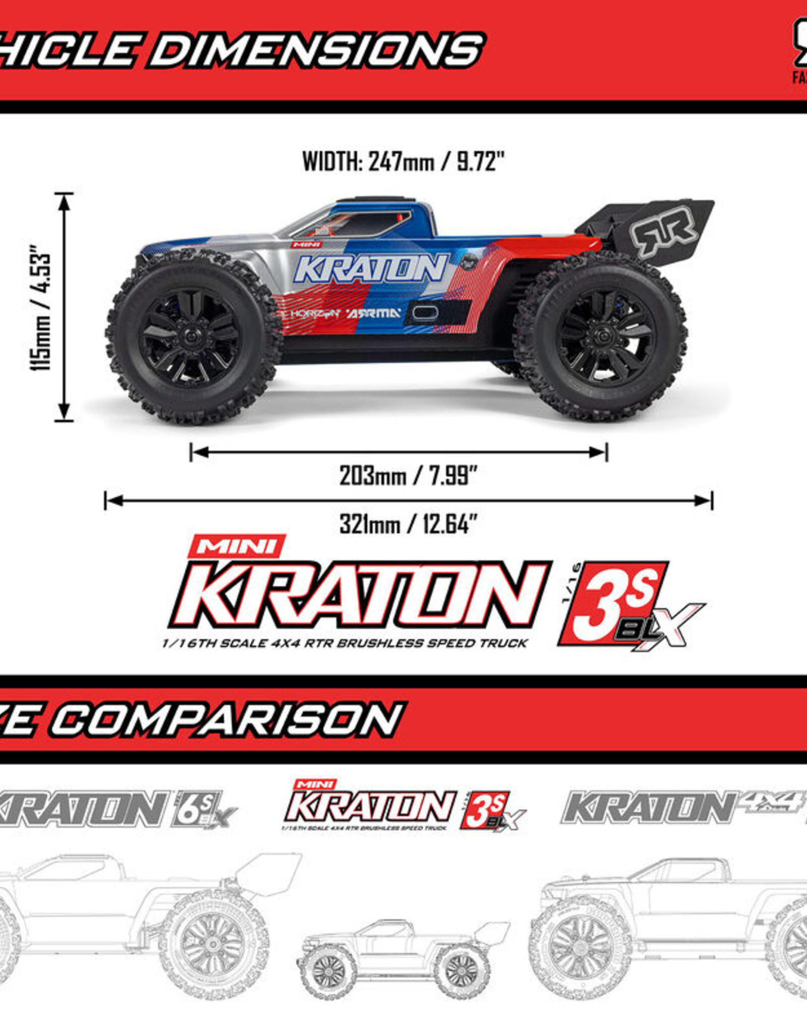 Arrma ARA2508T1 1/16 Mini KRATON 3S DSC 4X4 RTR Brushless Speed Truck , Black/Red