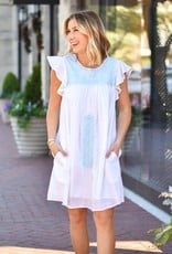 Embroidered Blue and White Flutter Sleeve Dress