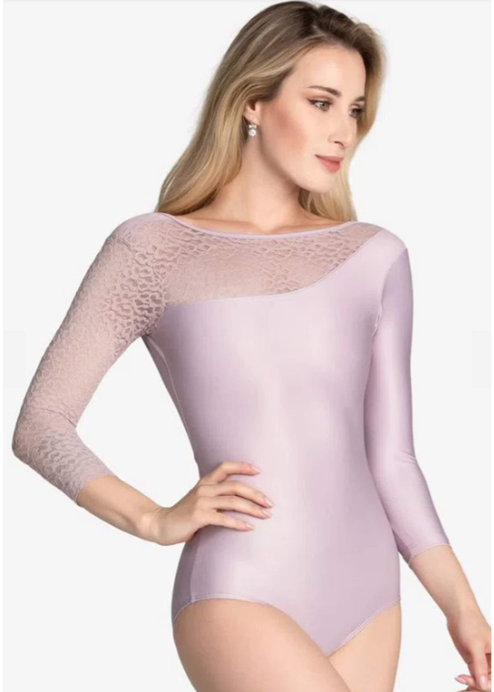 SO DANCA FP594 JASMINE LEPERLACE ASYMMETRICAL V BACK 3/4 SLEEVE LEOTARD