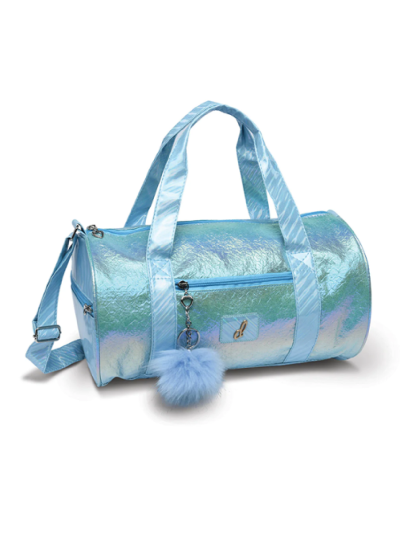 DANSHUZ B23521 PRETTY BLUE SHIMMER 14X8 DUFFEL BAG WITH POM