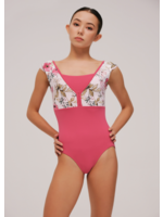 NIKOLAY DA4033 RENATA FLORAL EMPIRE PINCHED BOW BACK CAP SLEEVE LEOTARD