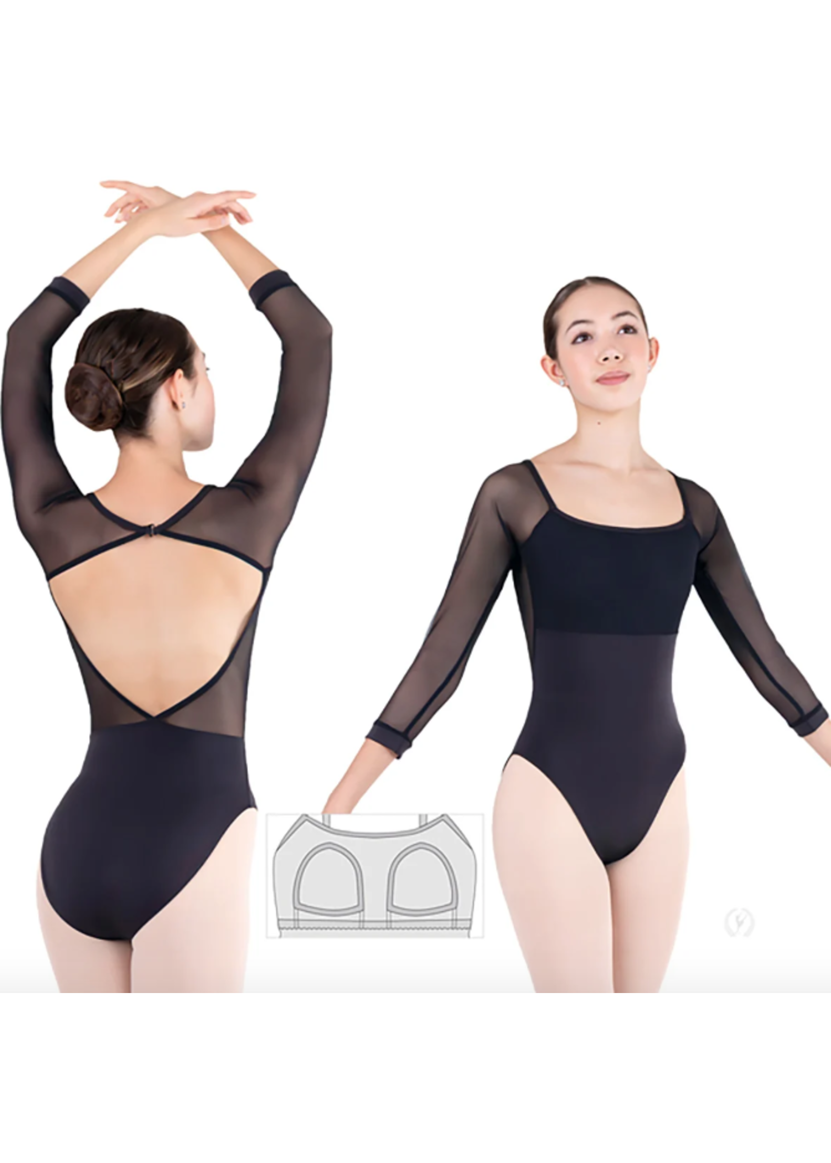 EUROTARD 41489 CLASP V BACK  3/4 SLEEVE MESH LEOTARD