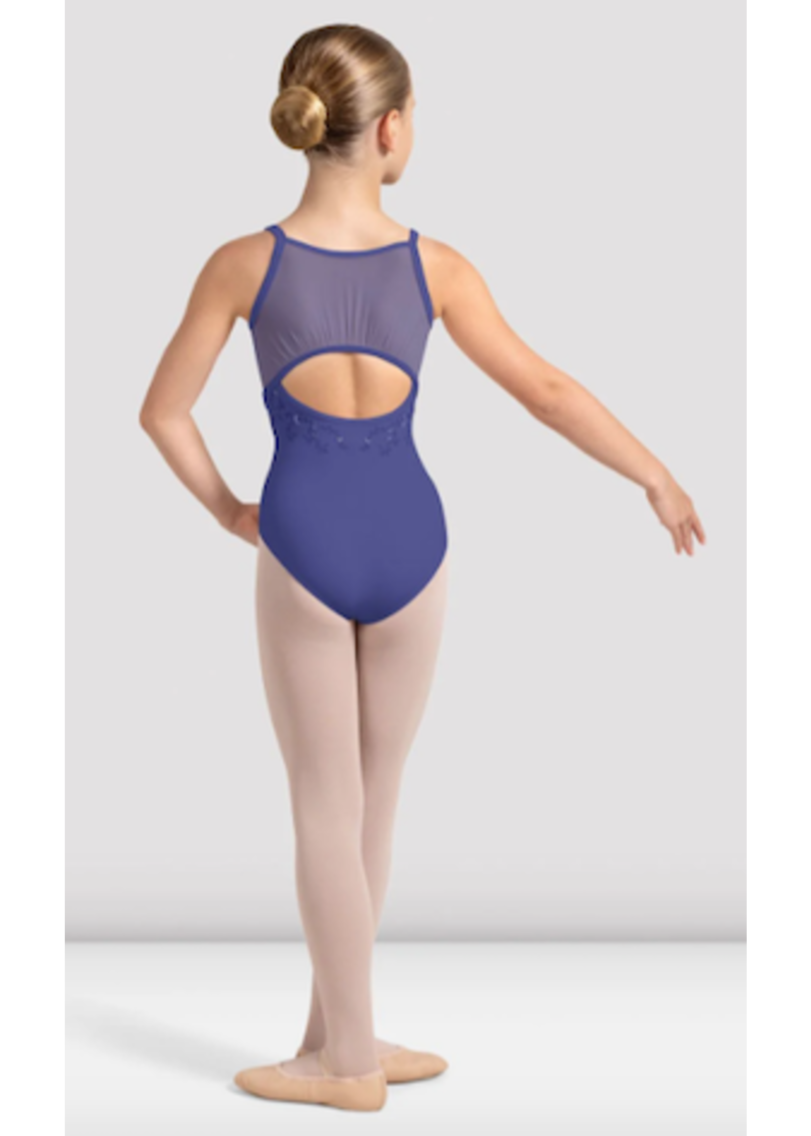 BLOCH & MIRELLA CL4227 EMBROIDERED SIDE MESH ROUCHED CIRCLE BACK CAMISOLE LEOTARD