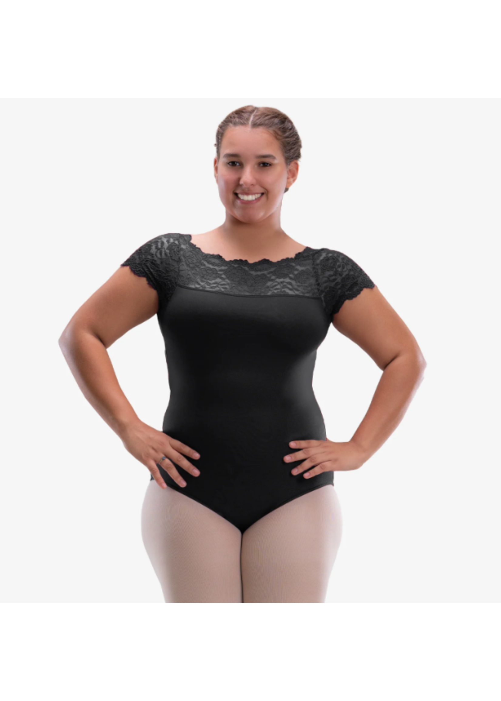 SO DANCA SL196 CURVY MATILDA OFF SHOULDER LACE CAP SLEEVE SQUARE NECK LEOTARD