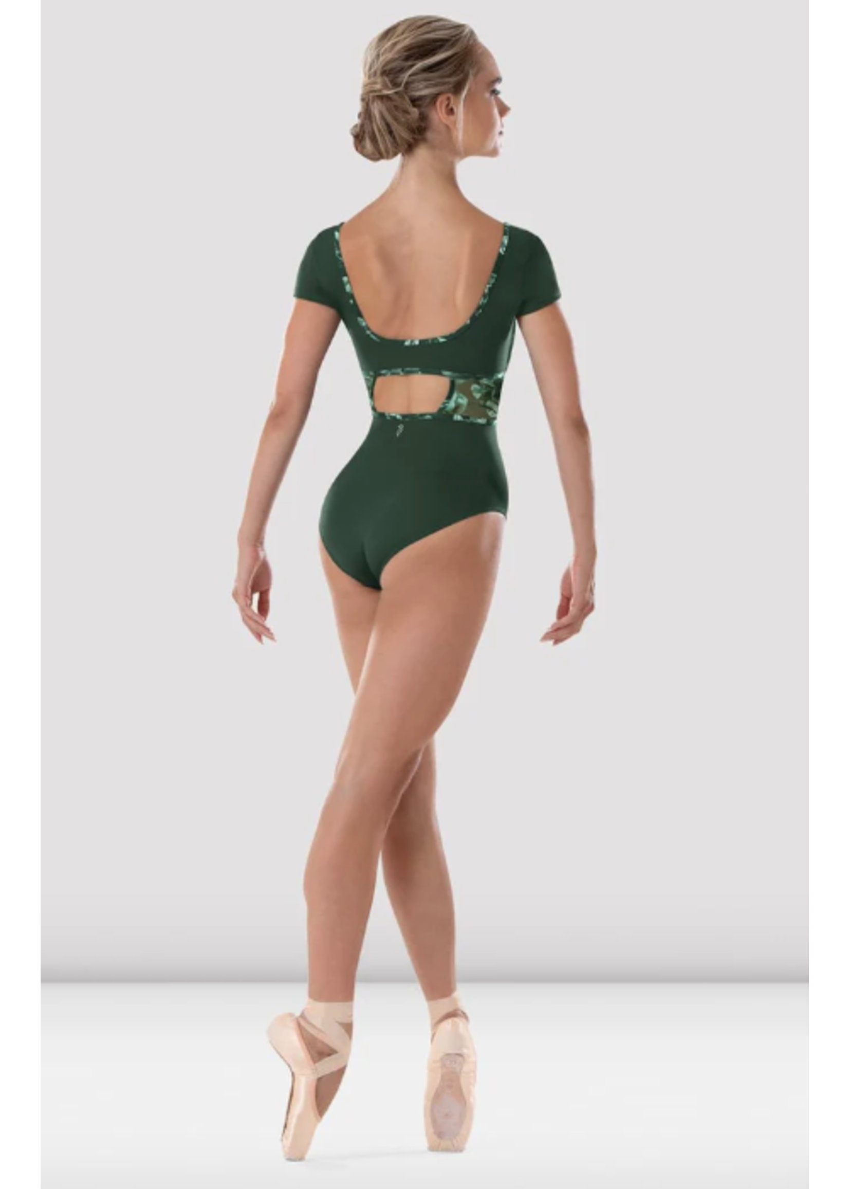 BLOCH & MIRELLA L4292 FLORAL MESH ROUCHED EMPIRE CAP SLEEVE LEOTARD