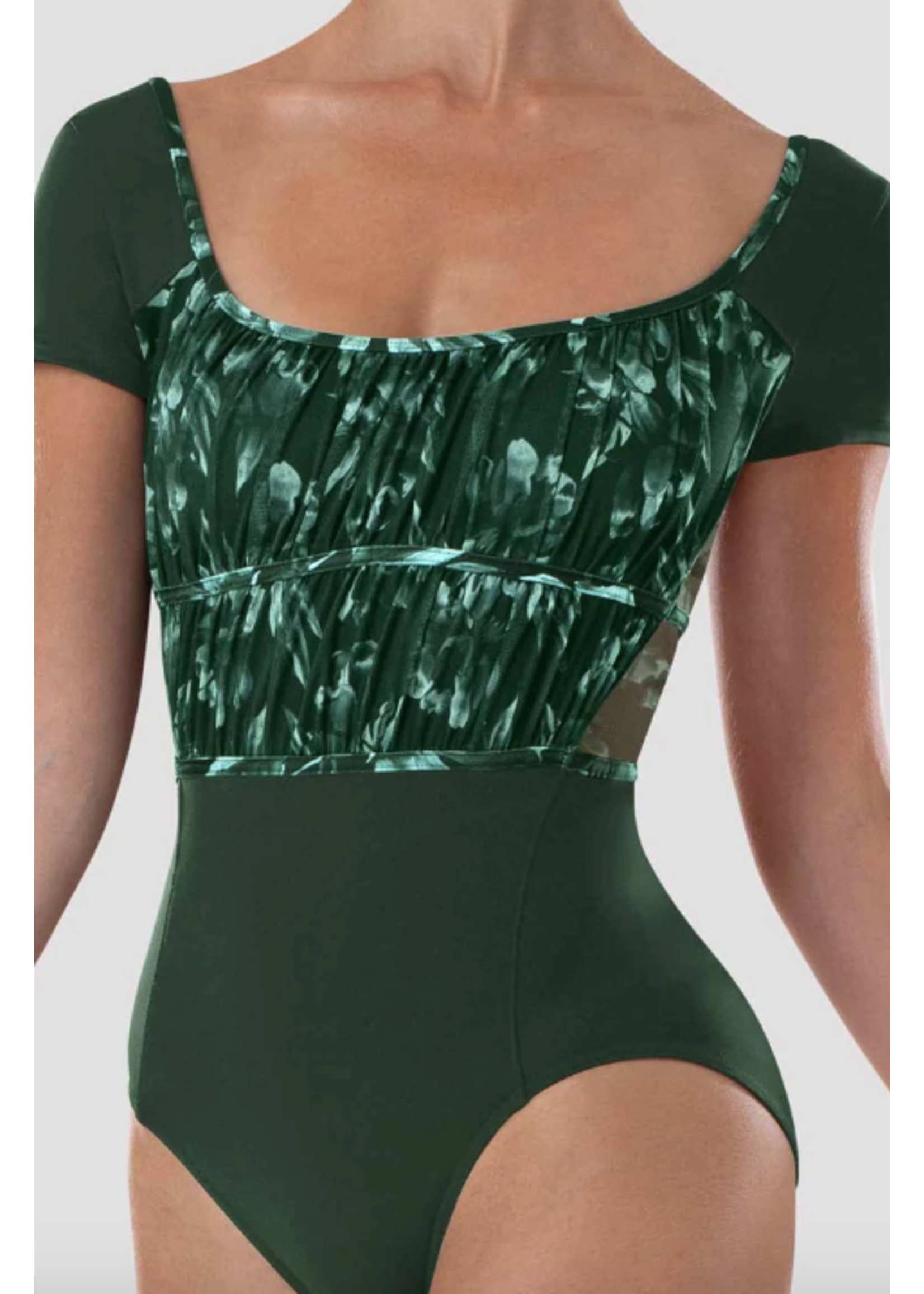 BLOCH & MIRELLA L4292 FLORAL MESH ROUCHED EMPIRE CAP SLEEVE LEOTARD