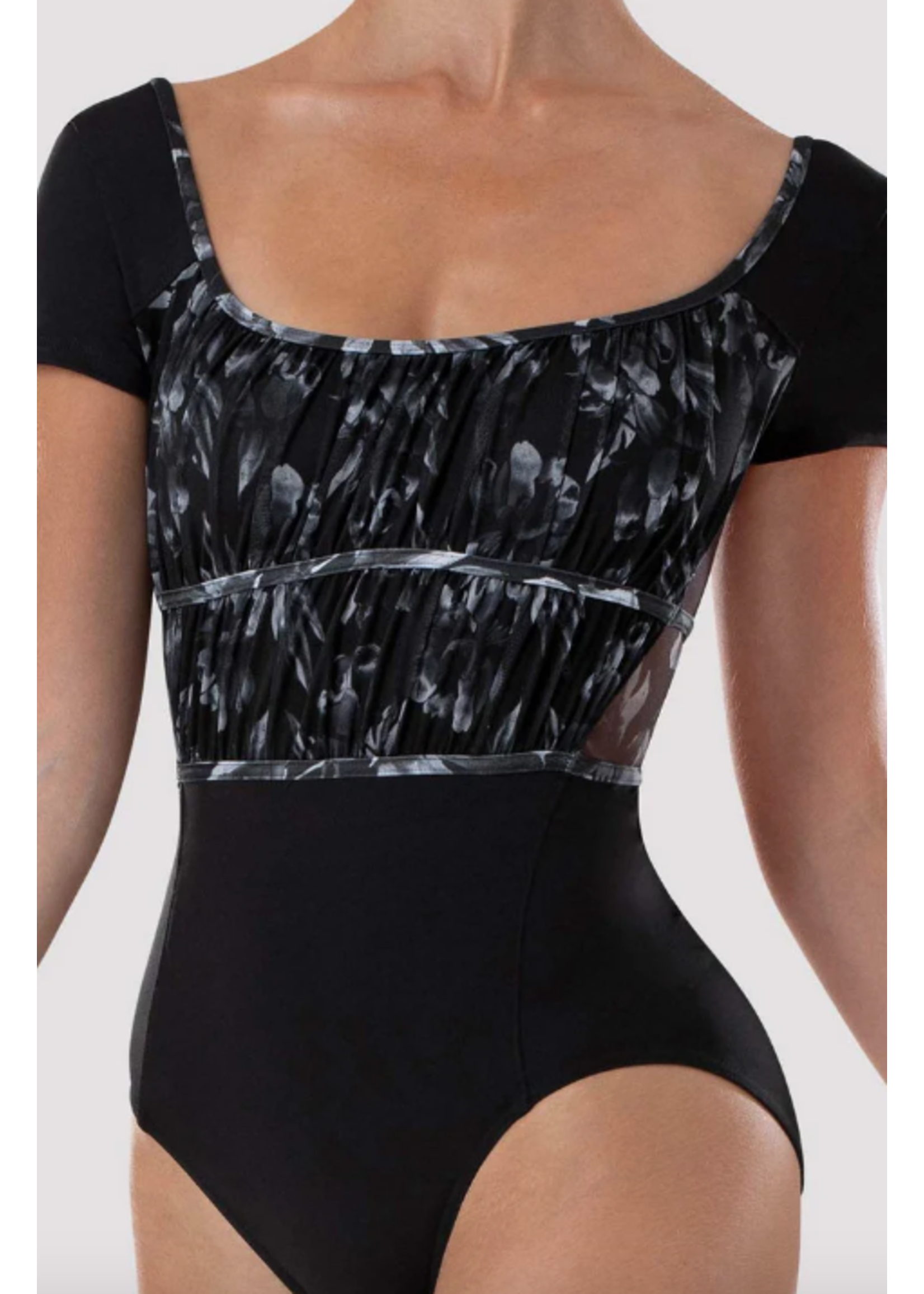 BLOCH & MIRELLA L4292 FLORAL MESH ROUCHED EMPIRE CAP SLEEVE LEOTARD