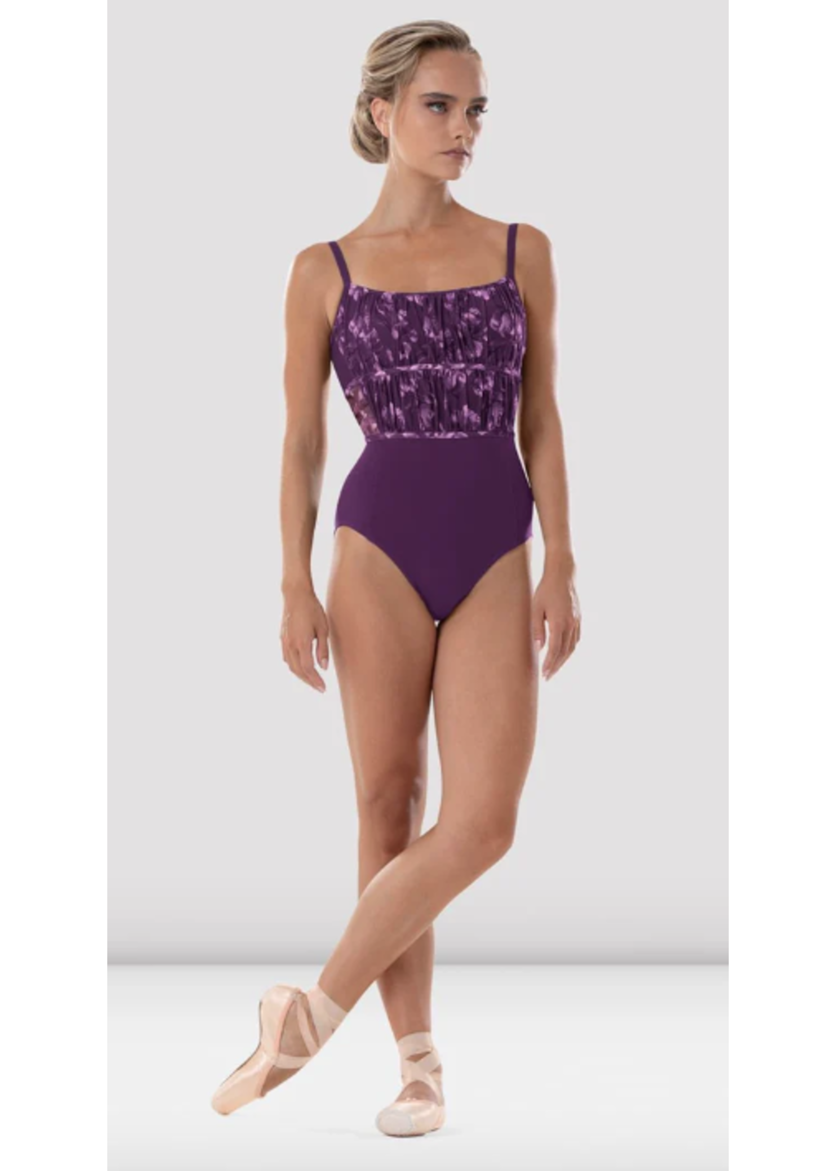 BLOCH & MIRELLA L4187 FLORAL MESH OVERLAY ROUCHED EMPIRE CAMISOLE LEOTARD