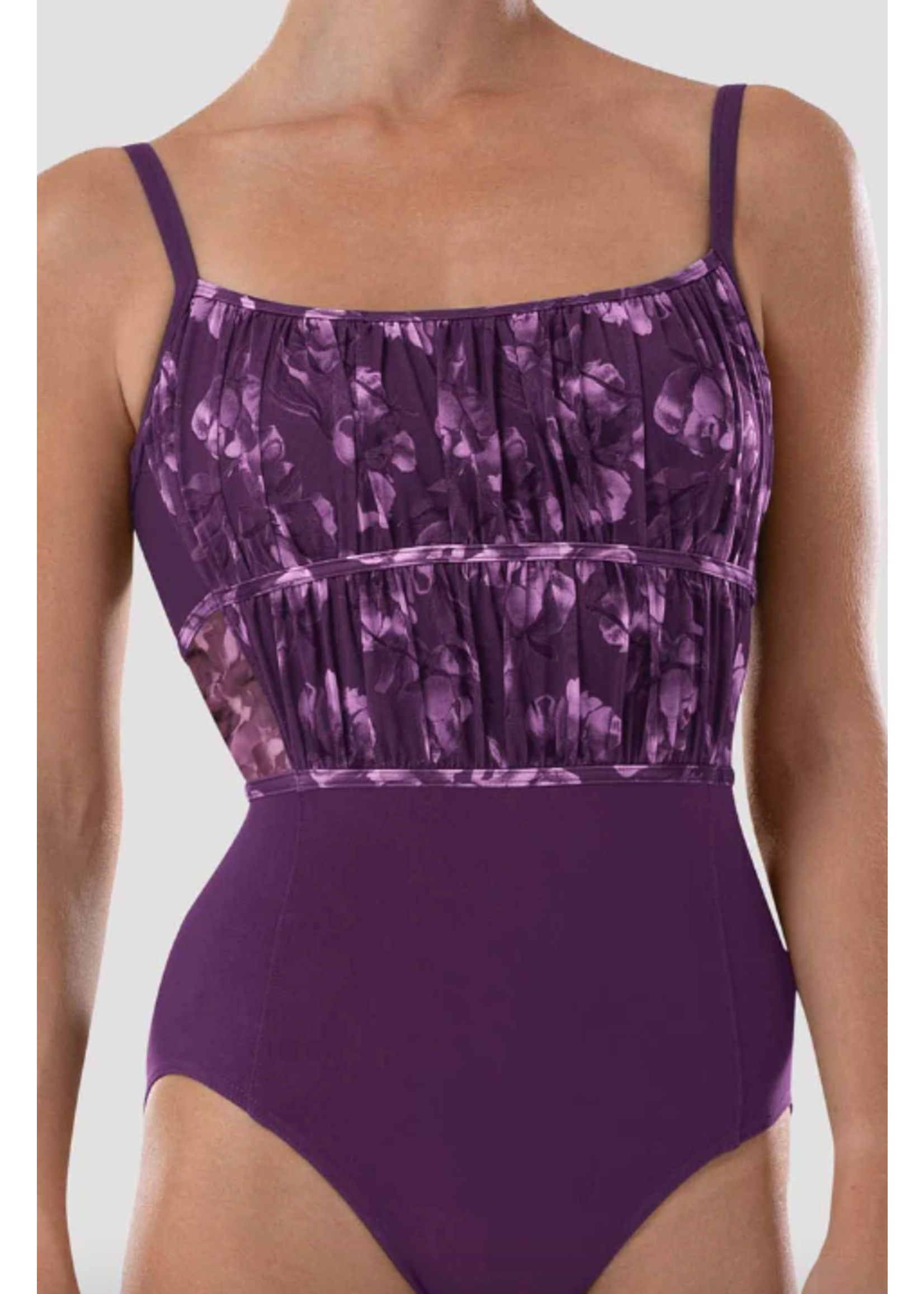 BLOCH & MIRELLA L4187 FLORAL MESH OVERLAY ROUCHED EMPIRE CAMISOLE LEOTARD