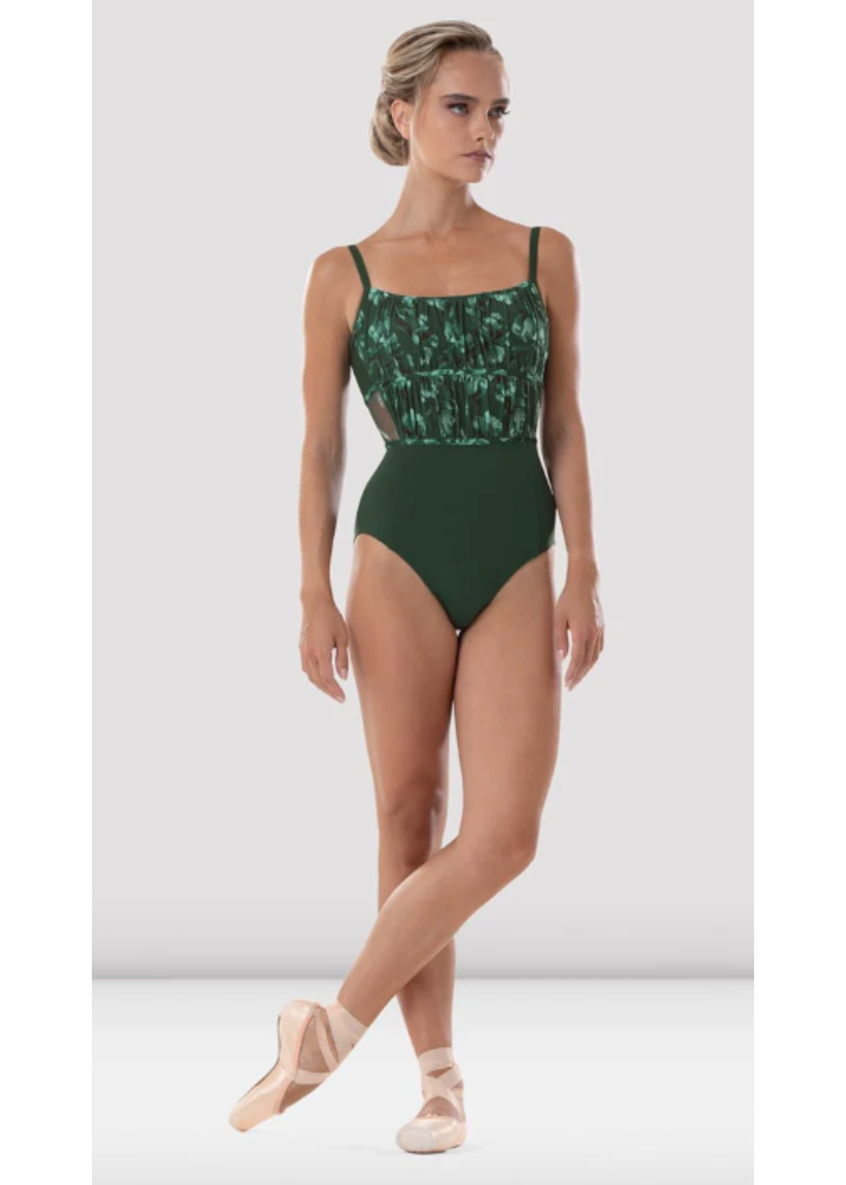 BLOCH & MIRELLA L4187 FLORAL MESH OVERLAY ROUCHED EMPIRE CAMISOLE LEOTARD