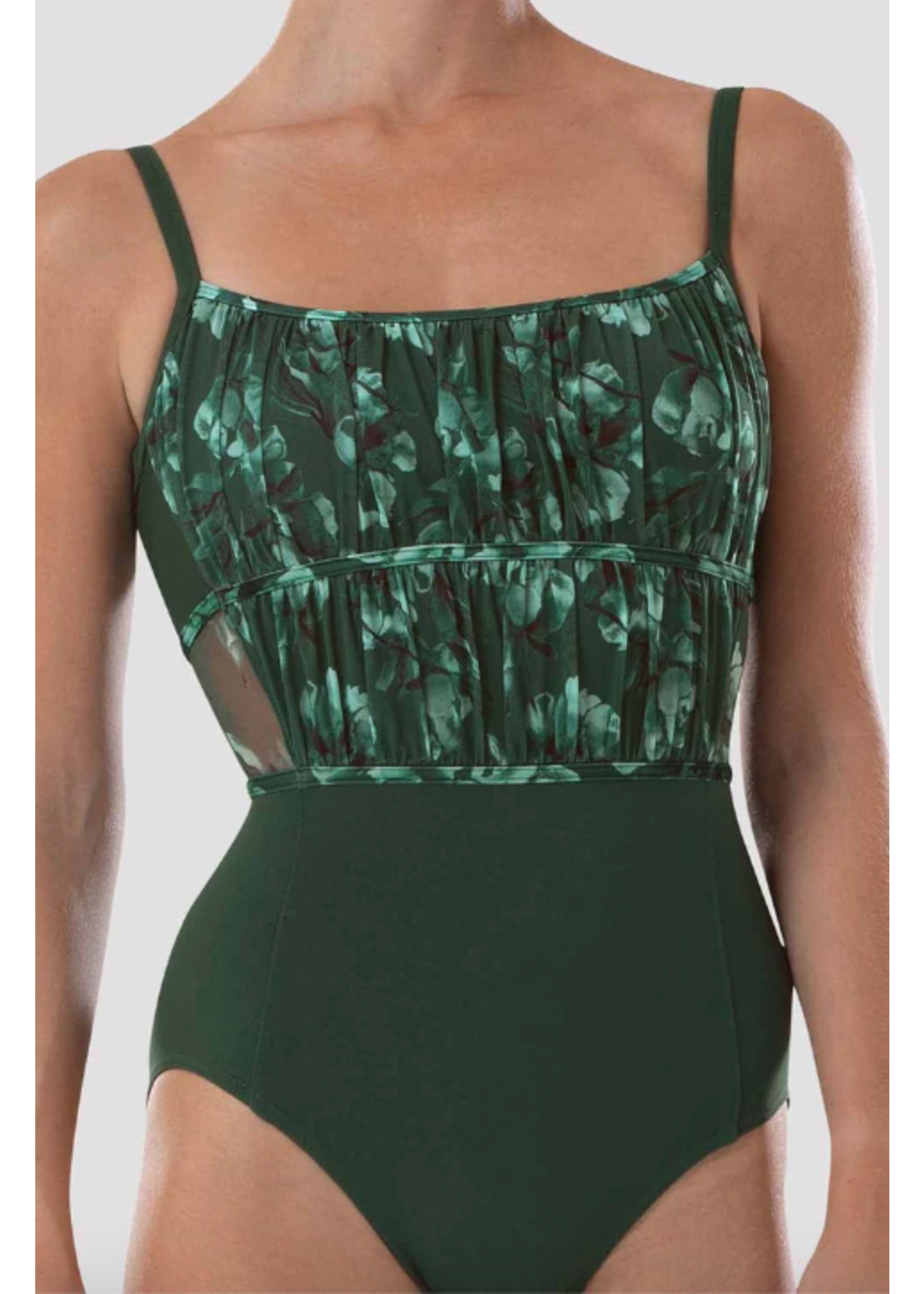 BLOCH & MIRELLA L4187 FLORAL MESH OVERLAY ROUCHED EMPIRE CAMISOLE LEOTARD