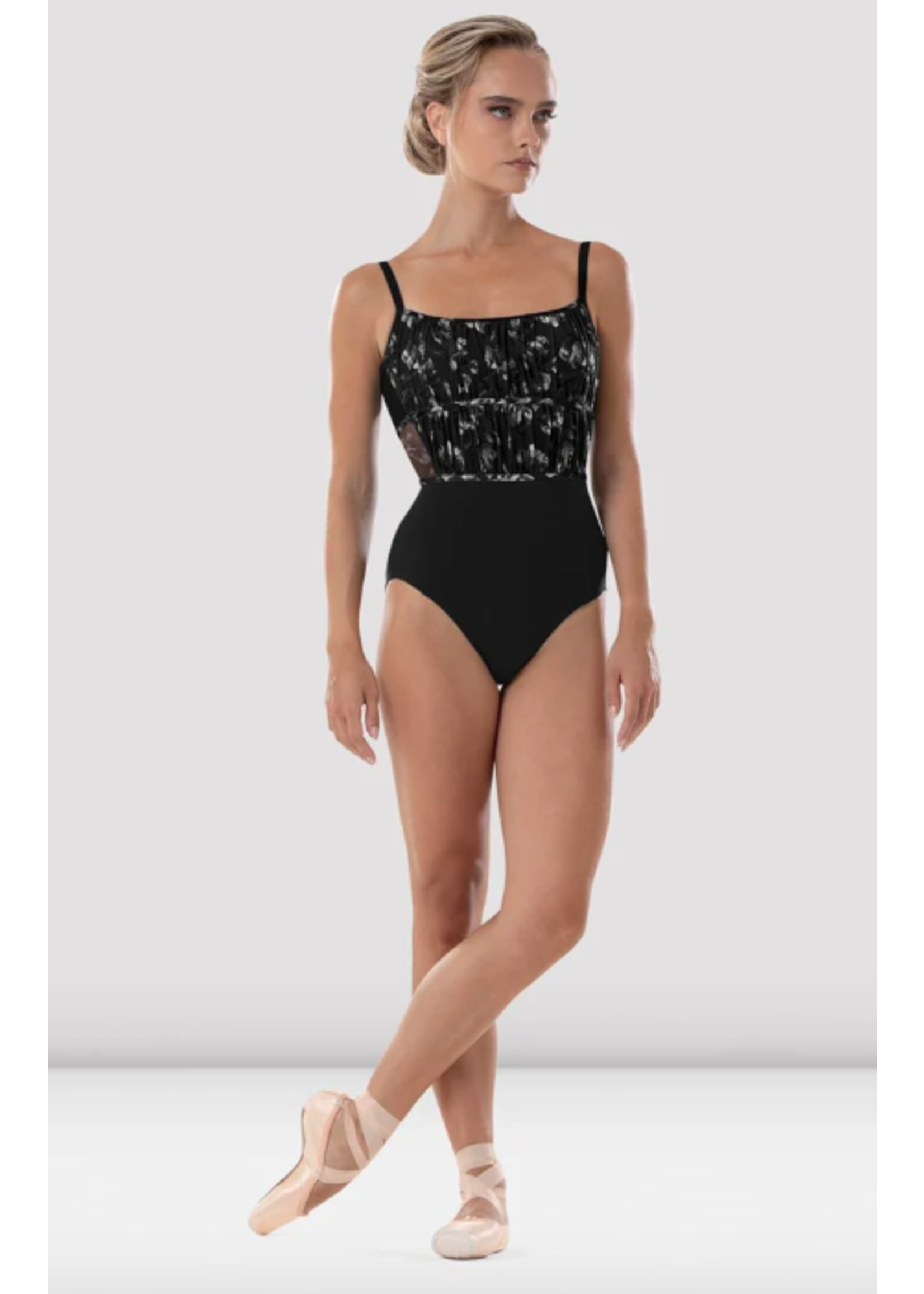 BLOCH & MIRELLA L4187 FLORAL MESH OVERLAY ROUCHED EMPIRE CAMISOLE LEOTARD