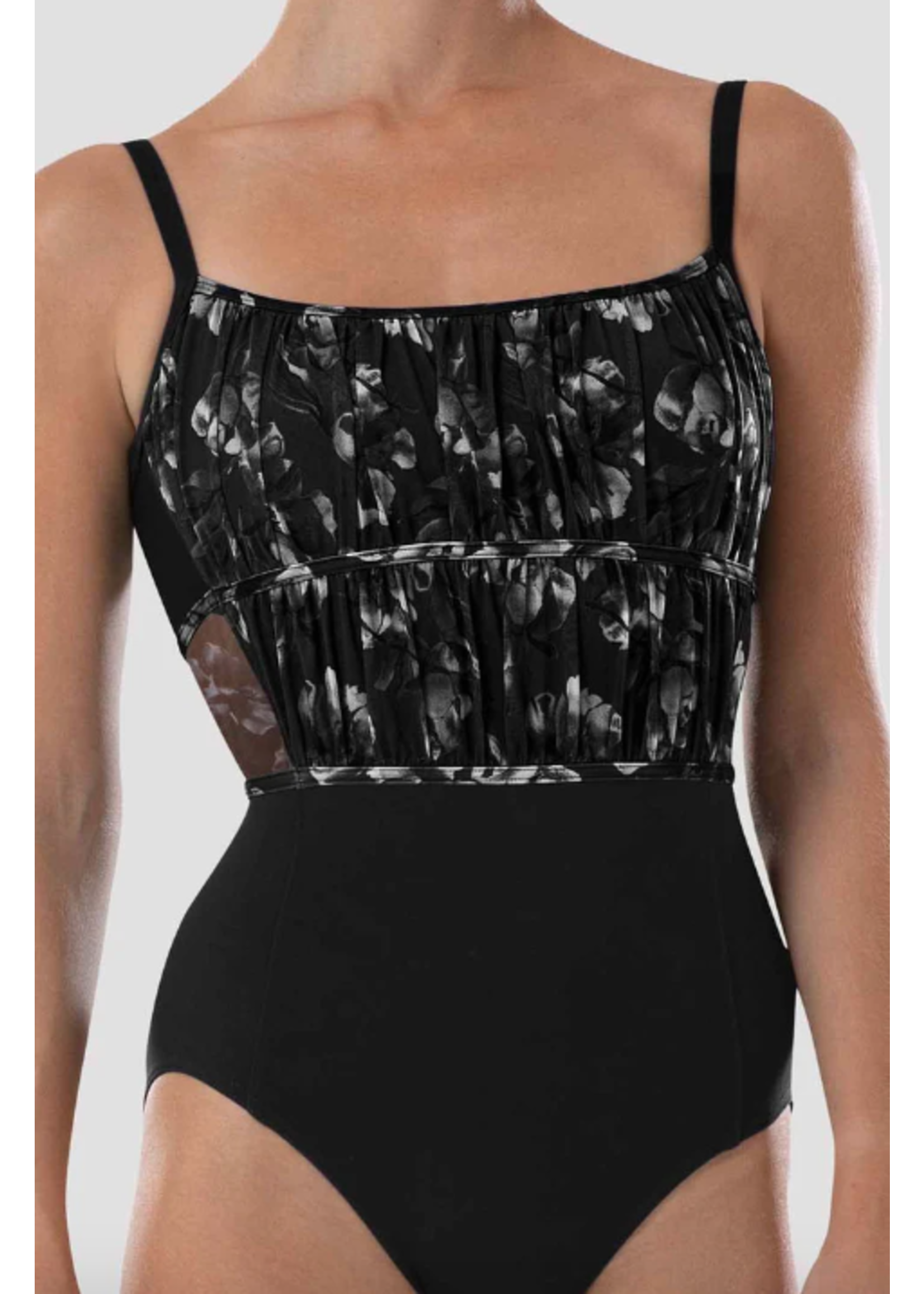 BLOCH & MIRELLA L4187 FLORAL MESH OVERLAY ROUCHED EMPIRE CAMISOLE LEOTARD
