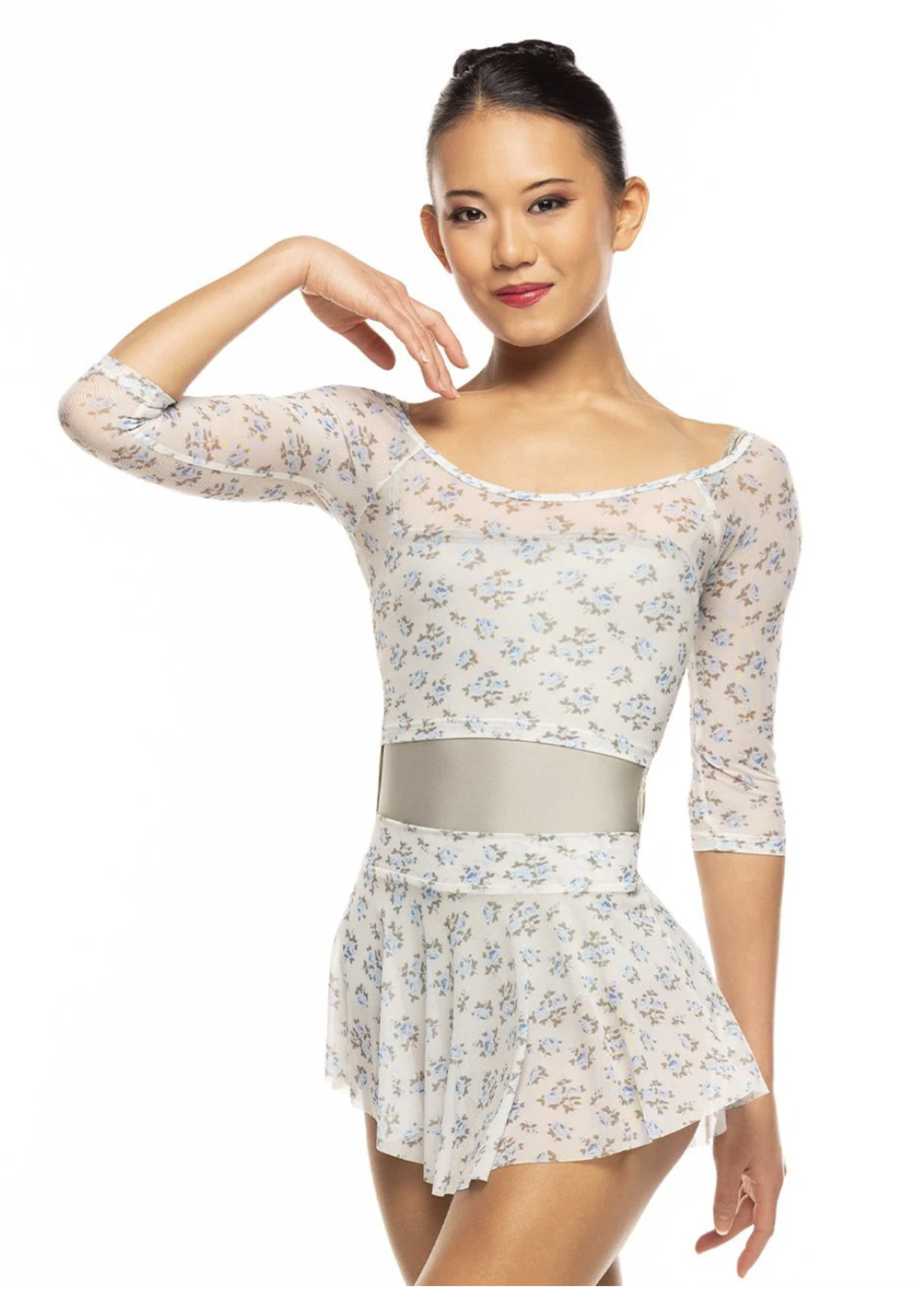 ELEVÉ RAGLAN 3/4 SLEEVE FLORAL MESH CROP TOP